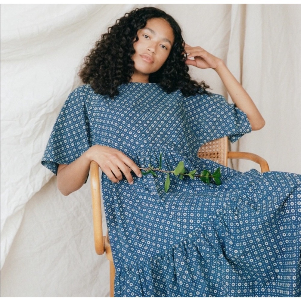 Christy Dawn Theo Dress Womens Small Blue Indigo Petunia Dot Midi Tiered Cottage - Picture 6 of 16